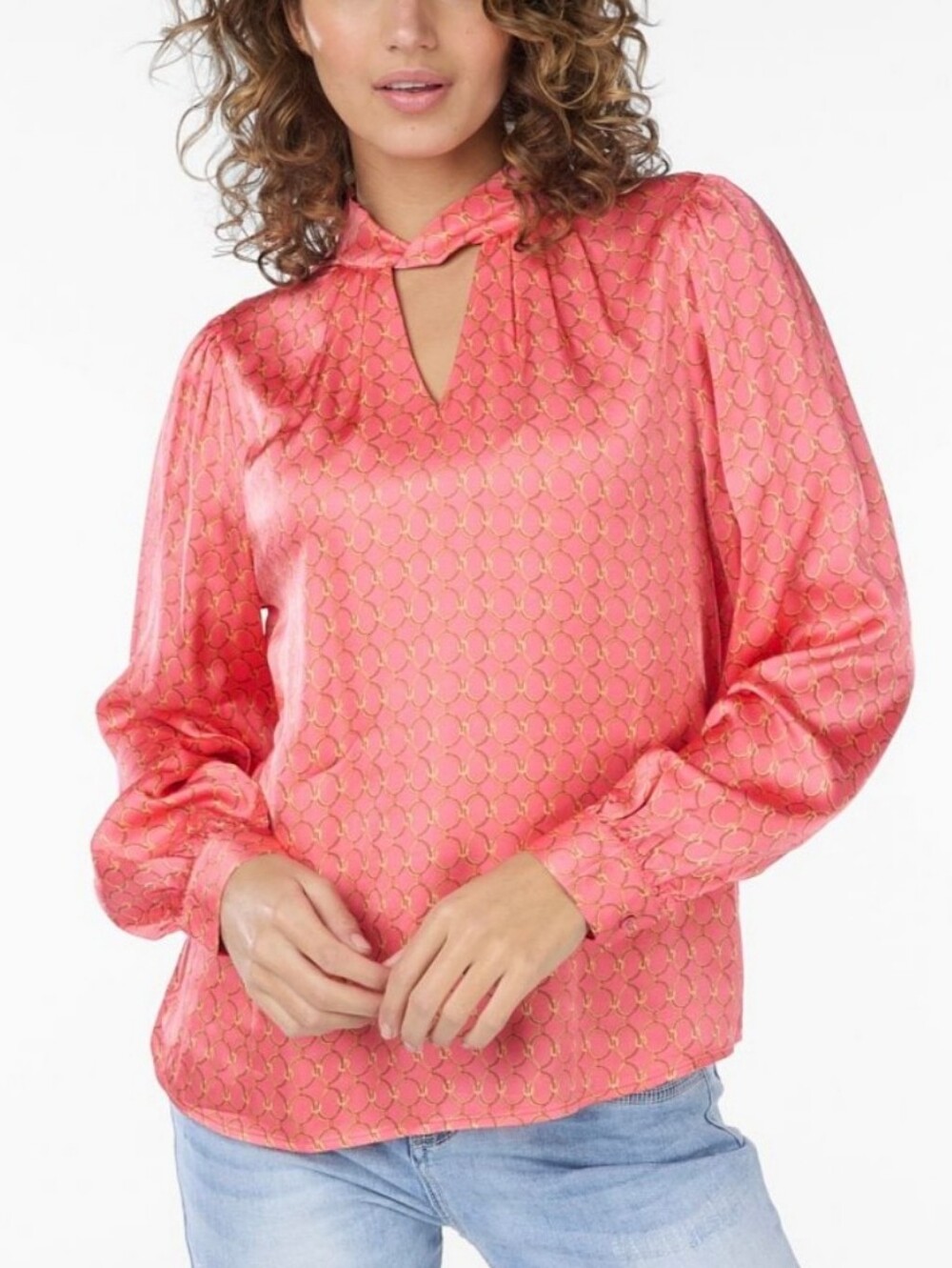 Esqualo Womens Coral Mini Chain Print Keyhole Neckline Long Sleeve Blouse Size 8